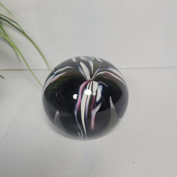 Retro Round Art Glass Paperweight, Purple & White Swirls, Iris-Like Design - Picture 2 of 4